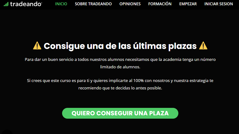 Vista simulada de la página oficial de compra del curso Tradeando con sello de seguridad, acceso vitalicio y garantía.