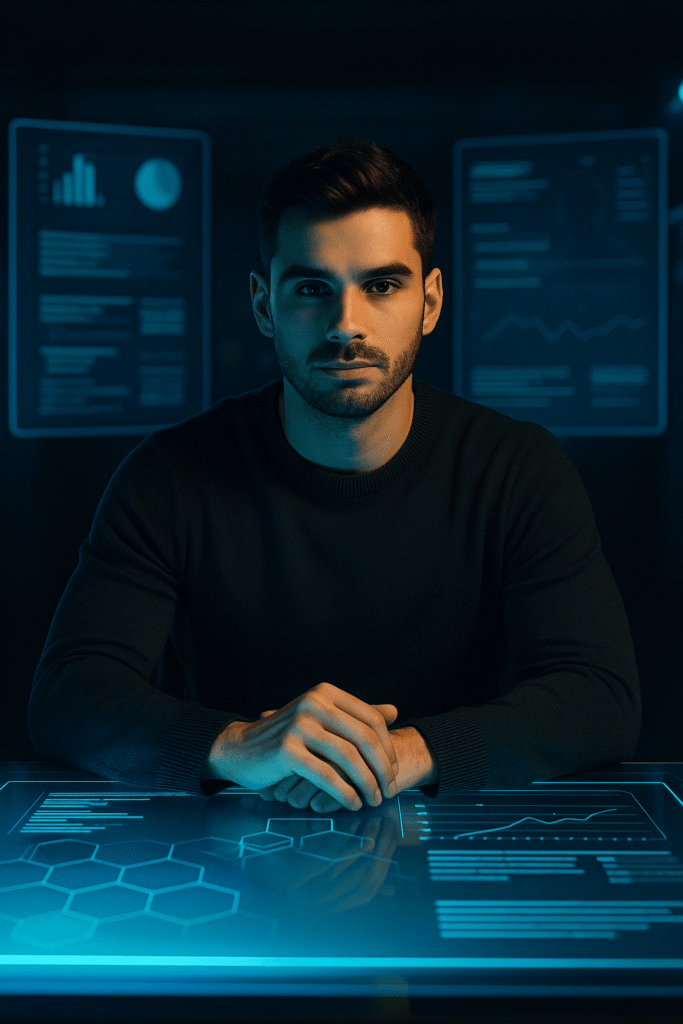 6-claves joven emprendedor con mentalidad de éxito trabajando en un entorno futurista de alto rendimiento