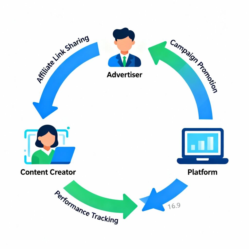 Diagrama explicativo del marketing de afiliados mostrando la relación entre afiliado, anunciante y red para generar ingresos pasivos en 2025