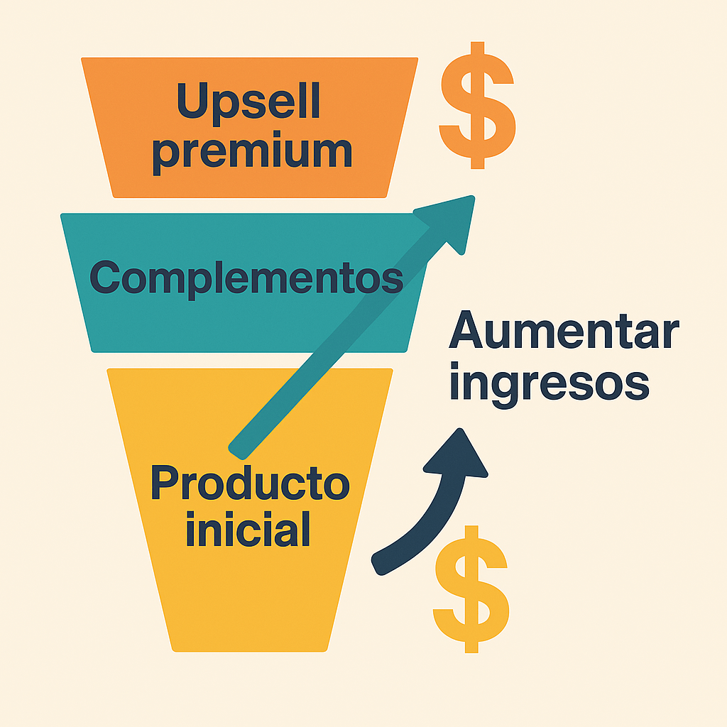 embudo de ventas con producto inicial, upsells y complementos para aumentar ingresos en nichos de mercado con marketing de afiliados