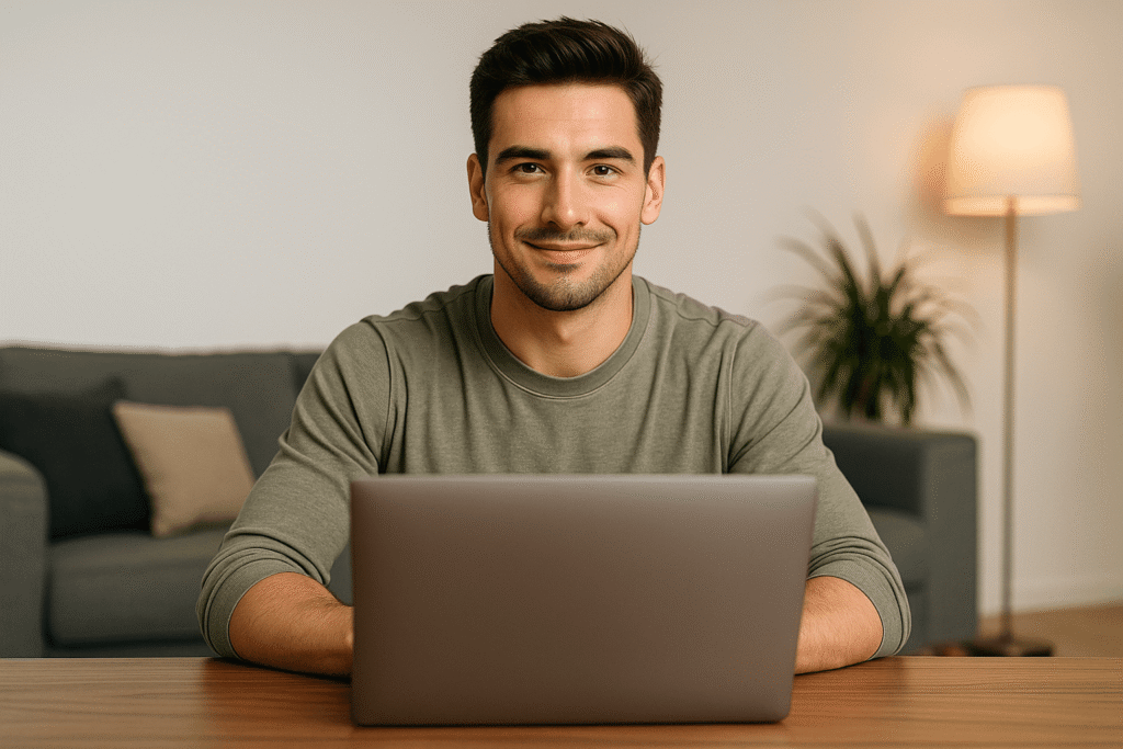 confianza y exito hombre joven concentrado frente al portátil tomando decisiones para emprender desde casa con mentalidad de éxito