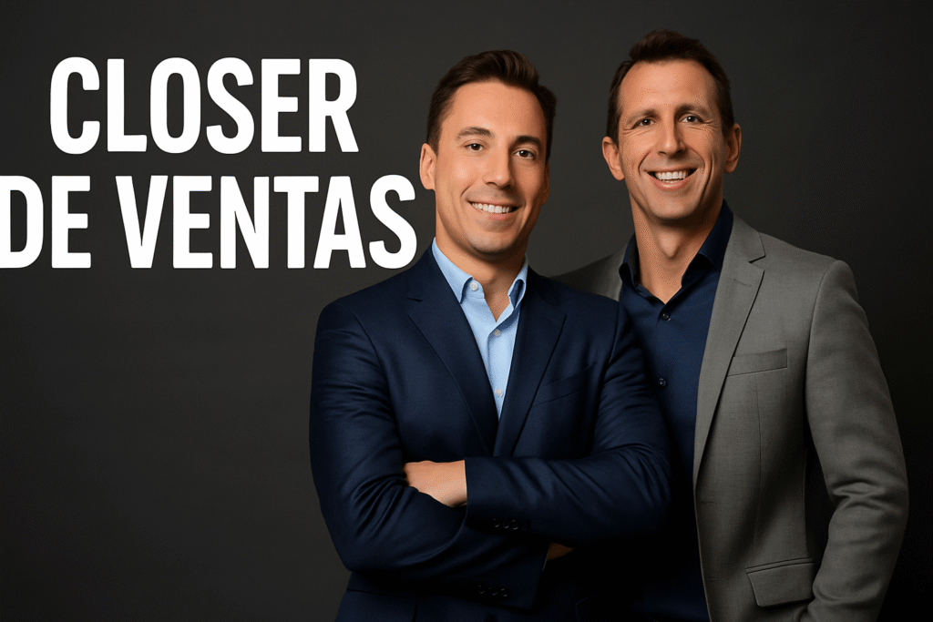 closer-de-ventas Dos closers de ventas profesionales vestidos con traje, sonriendo en un fondo oscuro, representando éxito, confianza y formación en cierre de ventas