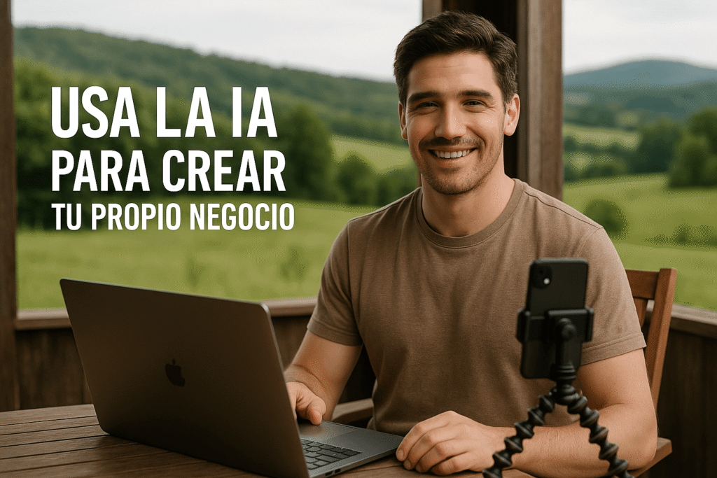 imagen de portada Emprendedor trabajando desde el campo con su portátil y móvil mientras usa la inteligencia artificial para crear su propio negocio digital y vivir con libertad de tiempo y lugar