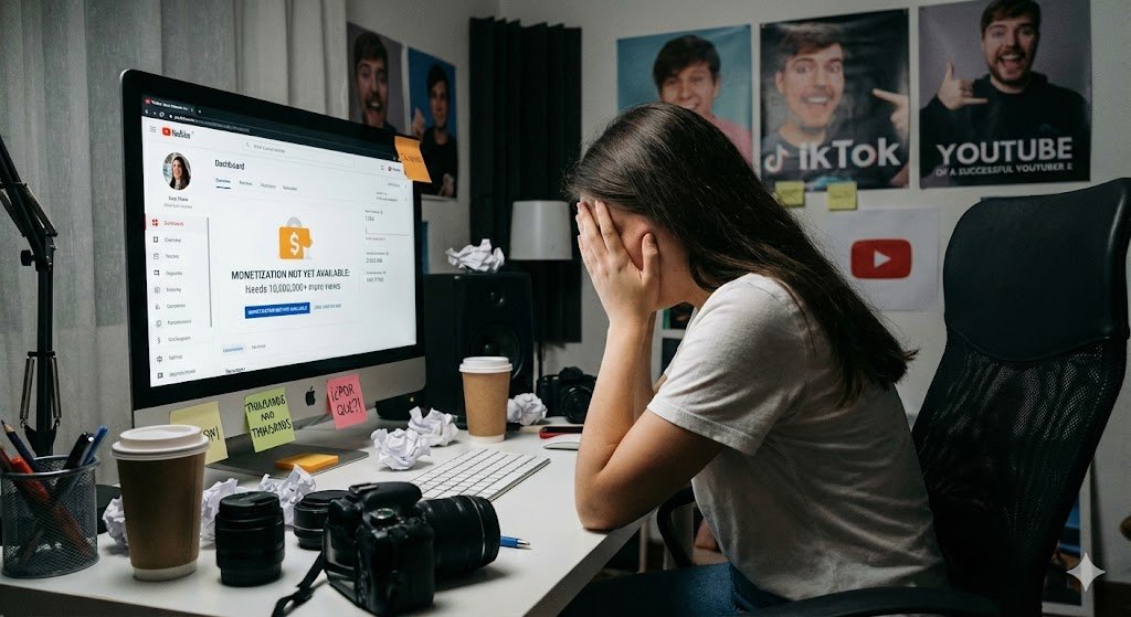 Mujer joven, creadora de contenido en YouTube, con las manos en la cara en señal de frustración frente a la pantalla de su ordenador