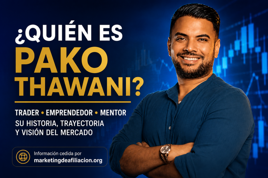 Imagen destacada de Pako Thawani con fondo azul de gráficos de trading, texto quién es Pako Thawani y referencia a su historia, trayectoria como trader, emprendedor y mentor