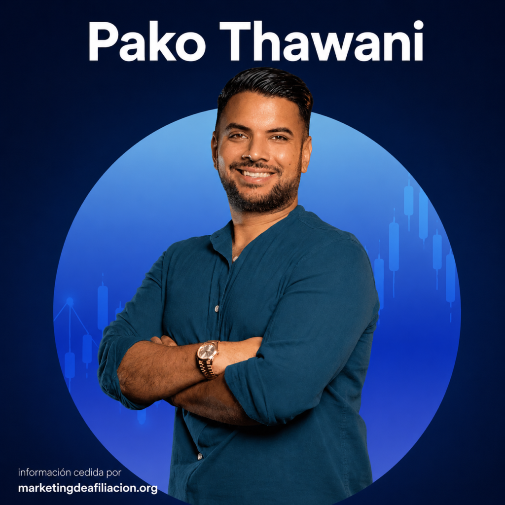 Pako Thawani en retrato profesional con fondo azul de trading, nombre visible en la parte superior e información cedida por marketingdeafiliacion.org en la esquina inferior izquierda