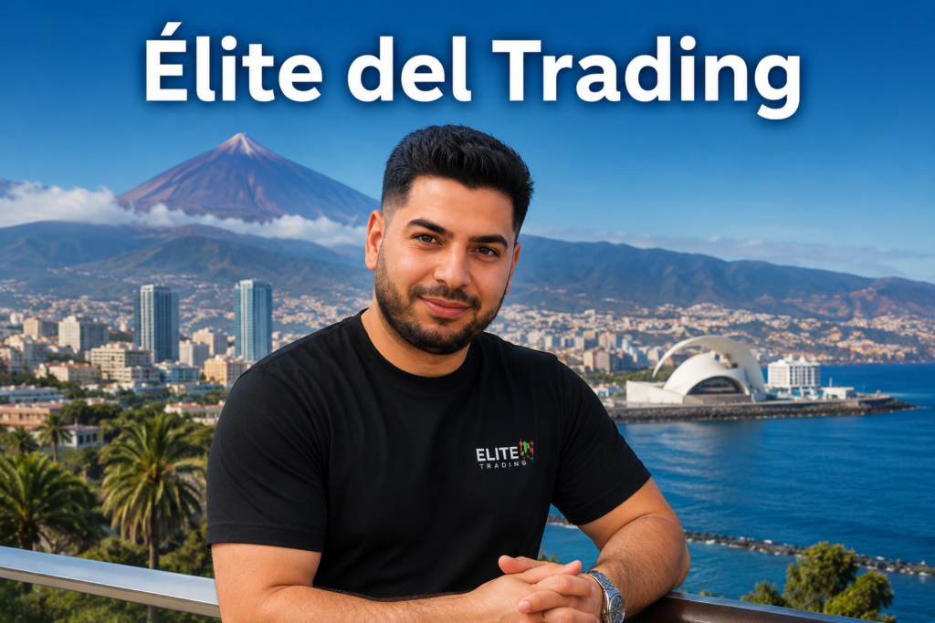 Imagen promocional de Élite del Trading con protagonista masculino frente a la ciudad de Tenerife y el Teide, enfocada en formación de trading online
