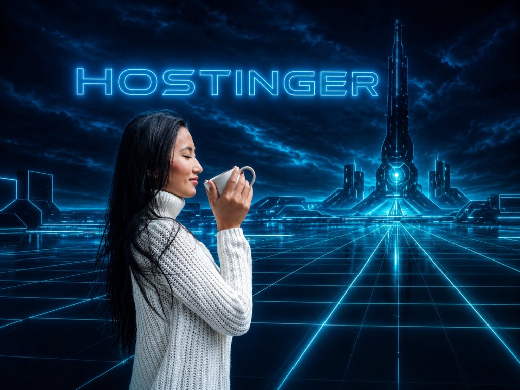 hostinger-mujer-taza-ciudad-futurista-estilo-tron.webp Mujer con una taza frente a una ciudad futurista estilo Tron con el título HOSTINGER en el cielo