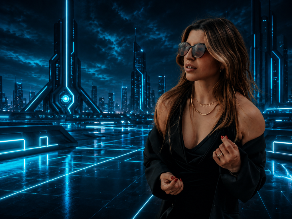 hostinger-mujer-ciudad-futurista-estilo-tron.webp Mujer con gafas de sol en una ciudad futurista de luces azules estilo Tron