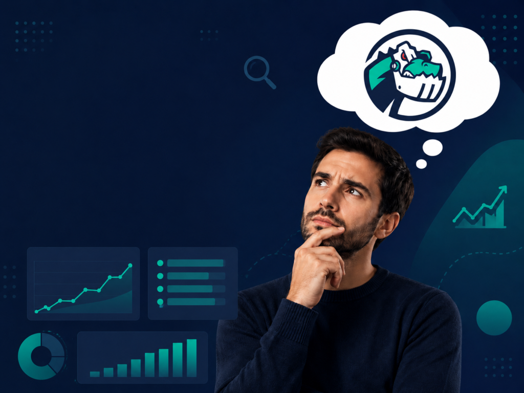 Profesional de marketing digital planificando estrategias SEO con la herramienta DinoRank y análisis de datos