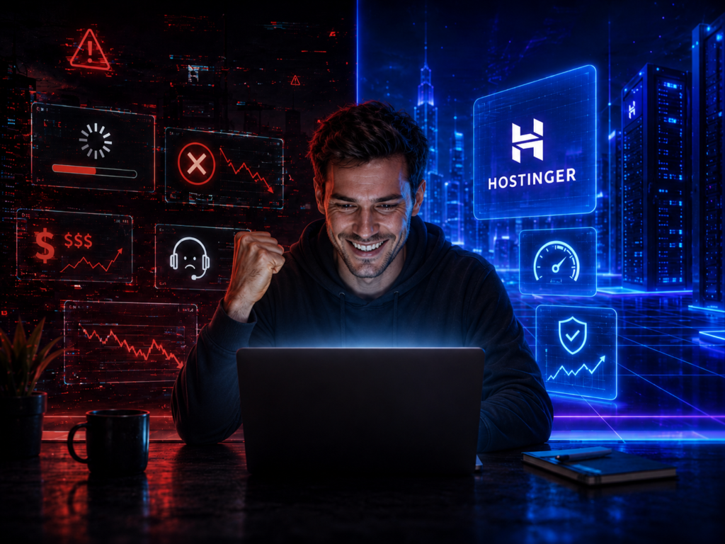 "Hombre sonriendo frente a su portátil que ilustra el contraste entre un mal proveedor de web hosting con errores de servidor en rojo, frente a la velocidad, seguridad y estabilidad de Hostinger en azul."