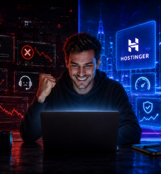 "Hombre sonriendo frente a su portátil que ilustra el contraste entre un mal proveedor de web hosting con errores de servidor en rojo, frente a la velocidad, seguridad y estabilidad de Hostinger en azul."