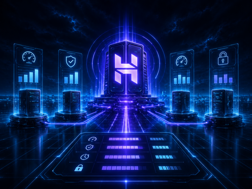 comparativa-hostinger-vs-alternativas-hosting-futurista.webp Comparativa visual de Hostinger frente a otras alternativas de hosting con servidores y paneles de rendimiento en un entorno futurista