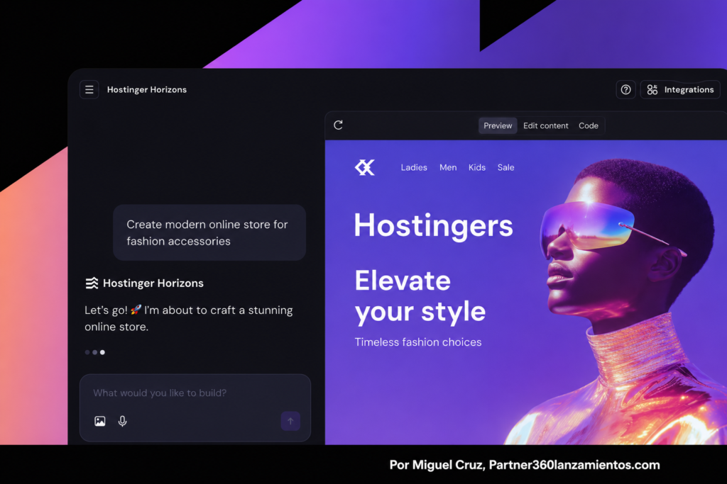 hostinger-horizons-crear-web-aplicacion-ia-partner360lanzamientos.webp Interfaz de Hostinger Horizons para crear un sitio web o una aplicación con inteligencia artificial en minutos