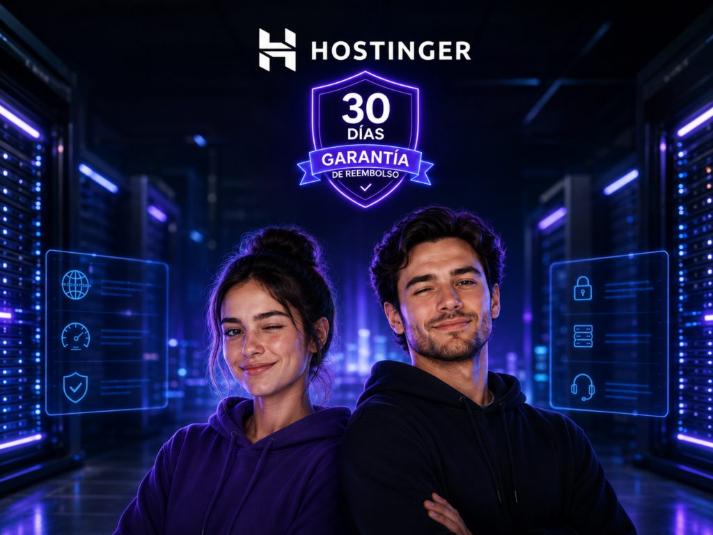 garantia-hostinger-30-dias-reembolso-sin-riesgo.webp Chica y chico guiñando un ojo junto al logo de Hostinger y su garantía de reembolso de 30 días