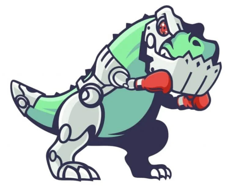 Ilustración estilo caricatura de un poderoso dinosaurio T-Rex ciborg en verde azulado y blanco con armadura mecánica y guantes de boxeo rojos en una pose de lucha dinámica.
