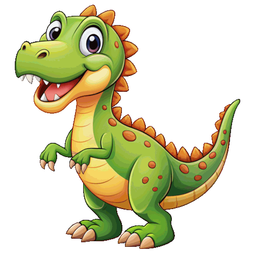 Ilustración estilo dibujo animado de un dinosaurio T-Rex verde sonriendo.
