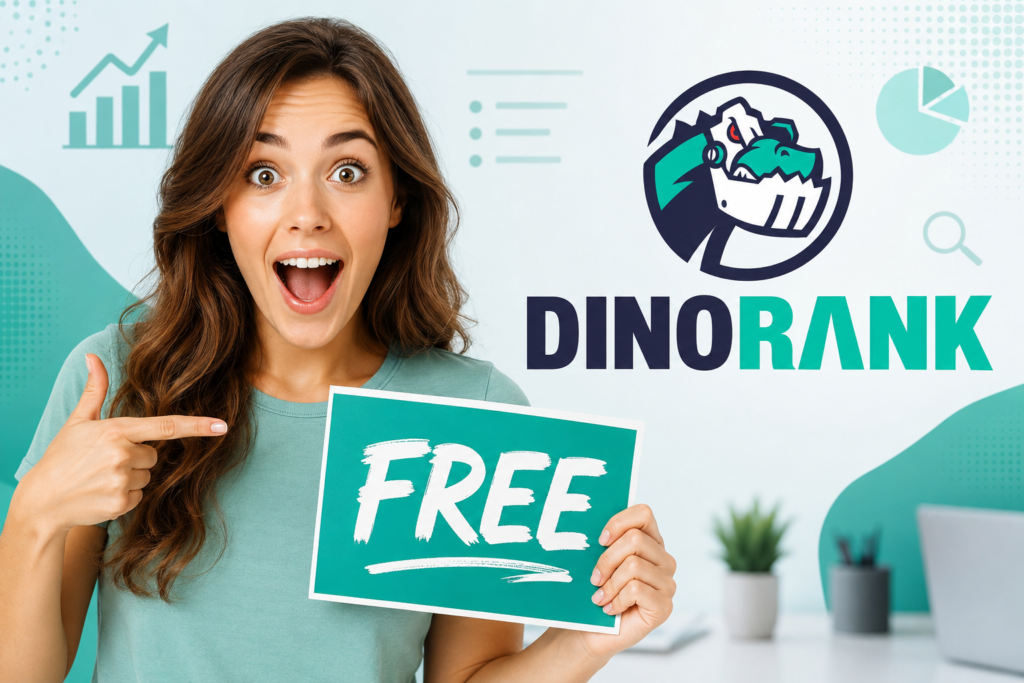 Una mujer joven con una expresión facial extremadamente sorprendida sostiene y señala un cartel con la palabra 'FREE' (gratis), frente al logotipo de la herramienta SEO DinoRank y gráficos de análisis en el fondo.