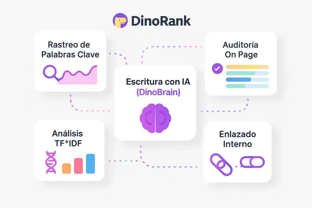 Infografía del ecosistema de funciones de la suite SEO DinoRank, mostrando sus módulos de Rastreo de Palabras Clave, Auditoría On Page, Análisis TF*IDF, Enlazado Interno y el motor central de Escritura con IA llamado DinoBrain.