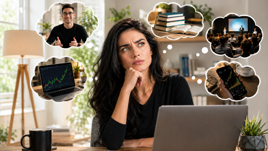 alternativas-aprender-inversion-carlos-galan-formacion-financiera.webp Mujer con dudas sobre cómo aprender inversión analiza alternativas de formación financiera relacionadas con Carlos Galán