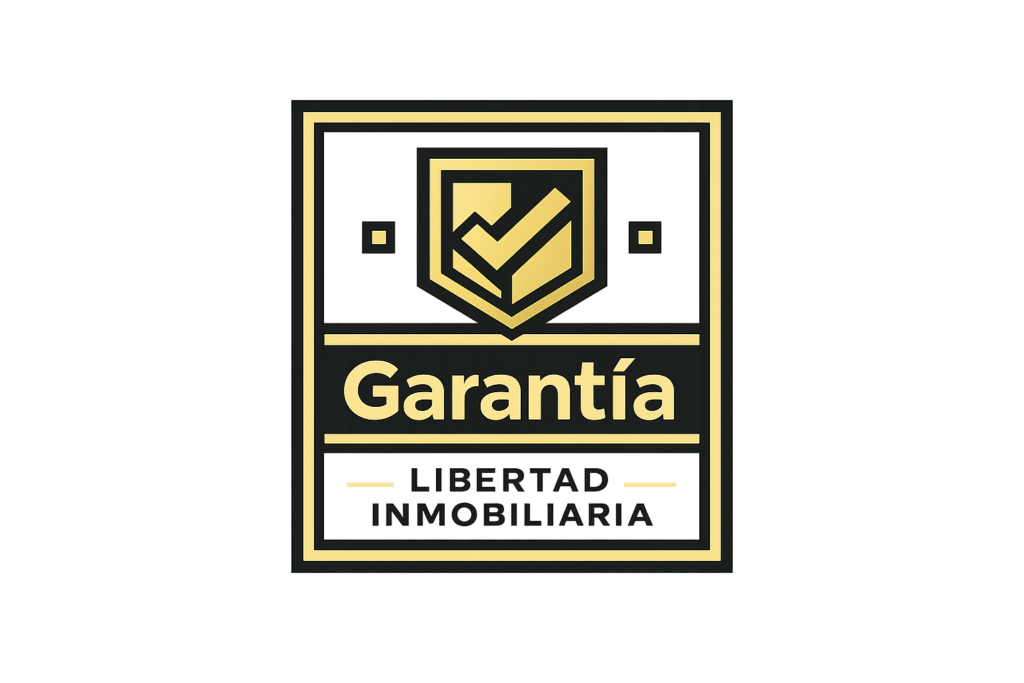garantia-libertad-inmobiliaria.webp Sello de garantía de Libertad Inmobiliaria en diseño cuadrado con icono de escudo y check en color amarillo dorado